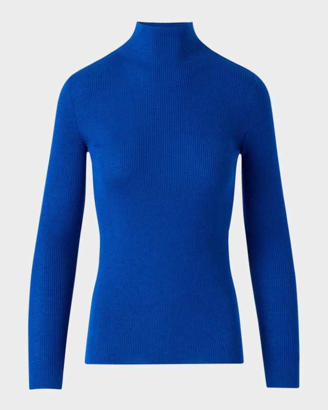 Mock-Neck Cashmere-Silk Fine Rib Sweater